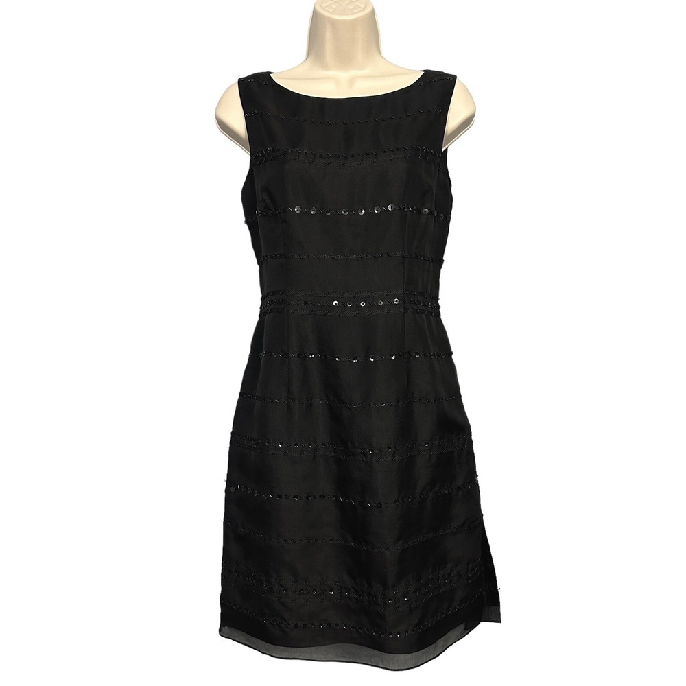 VTG LBD Cocktail Women Dress 4P Black Silk Beaded Sequins Minimalist Elegant
